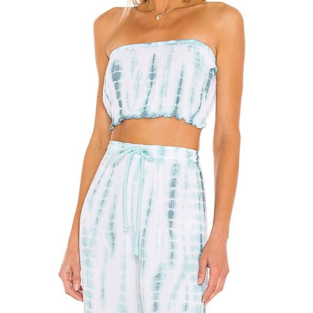 Tiare Hawaii White & Light Aqua Tie-Dye Strapless Jumpsuit Romper